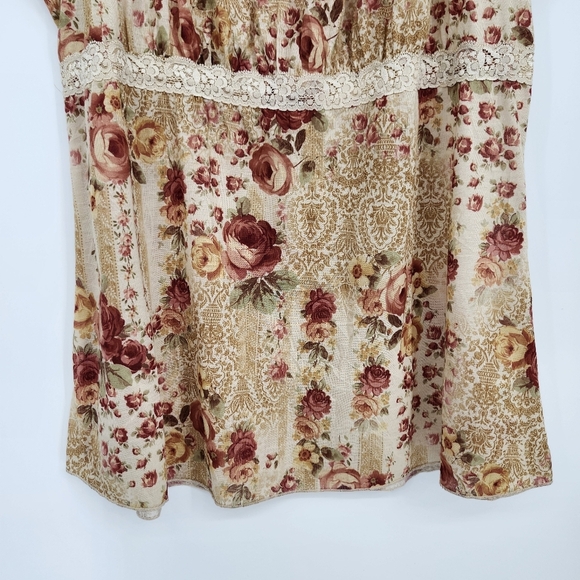 VTG Earthy Women's Babydoll Top Size 1X Tan Oxblood Floral‎ Lace Goblincore Boho - Picture 5 of 8